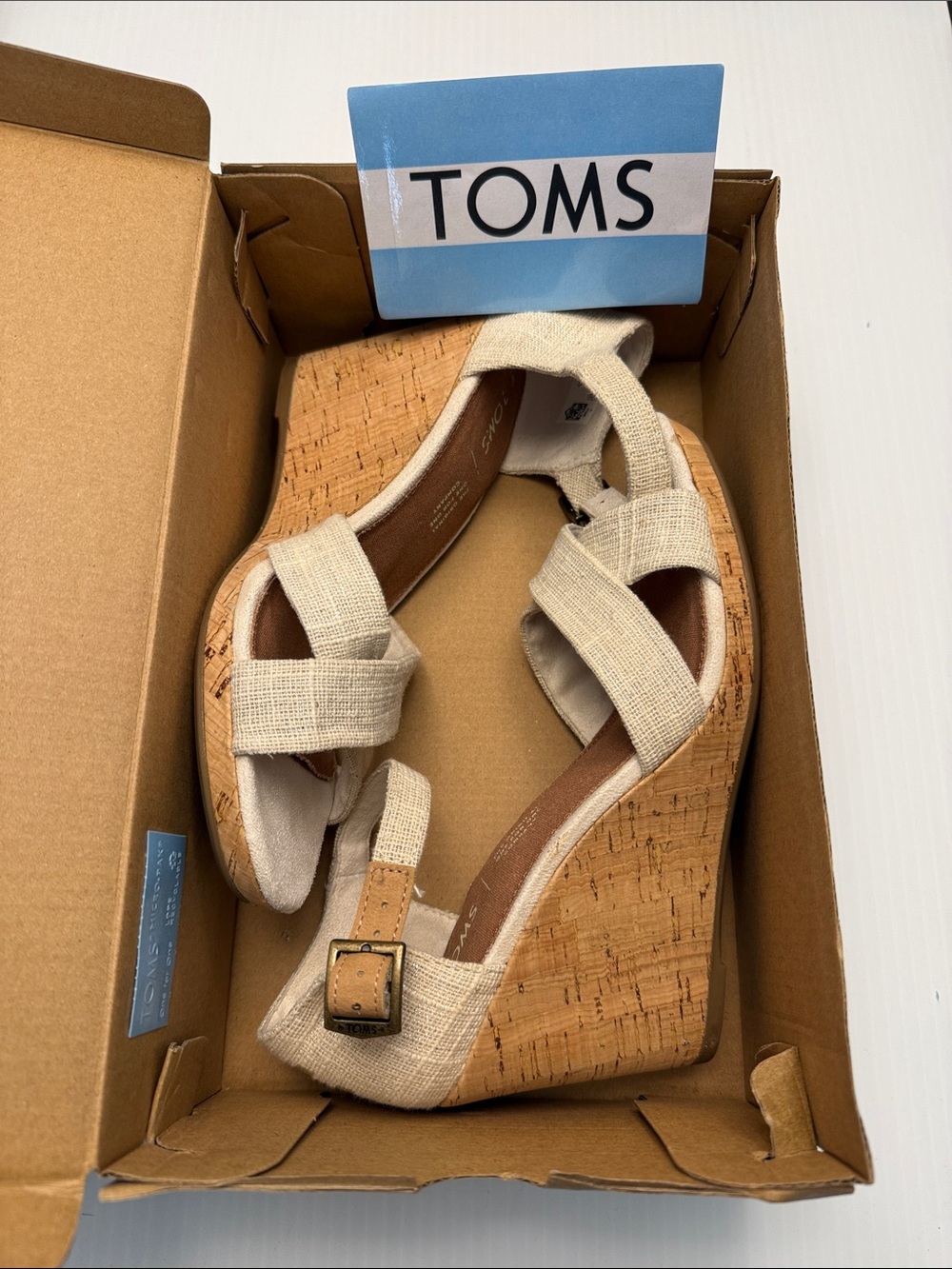 TOMS Sienna Natural Metallic Slubby Woven Cork Wedge Sandals - Picture 1 of 10